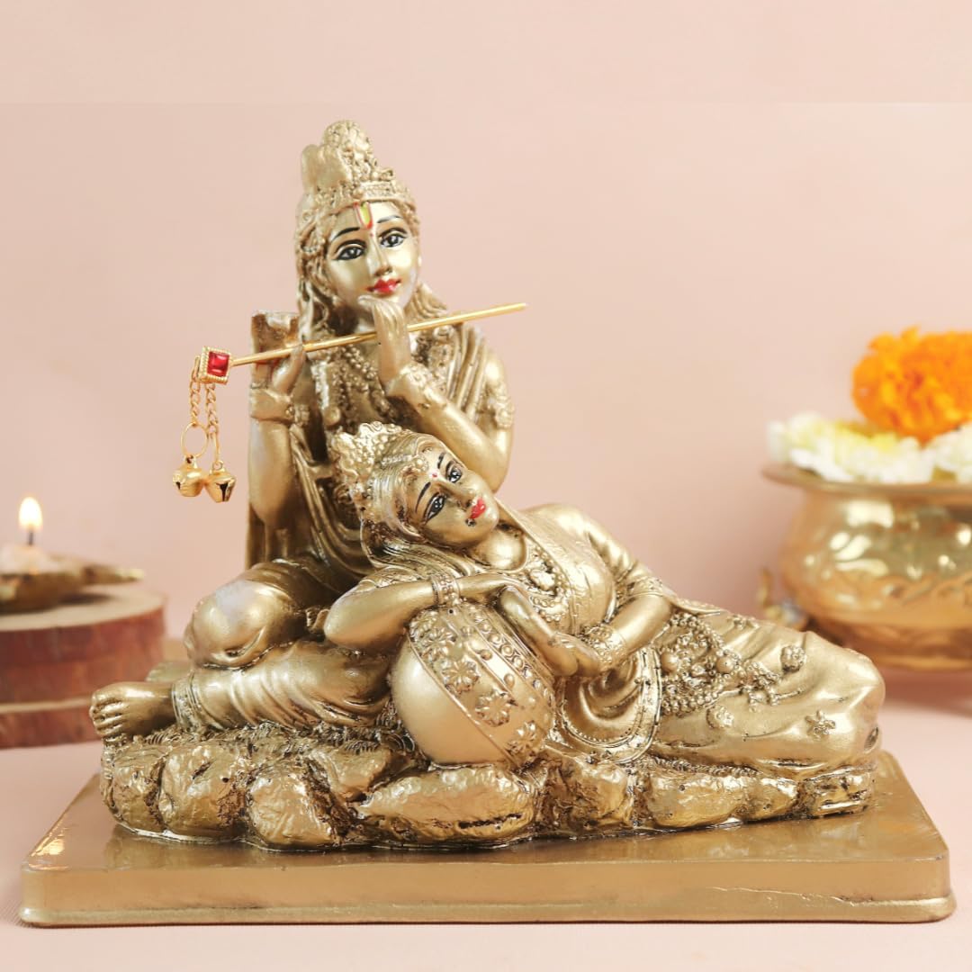 Radha Krishna Sitting Statue | 7 Inch | with Flute | Murti for Mandir - Temple - Home Decor |