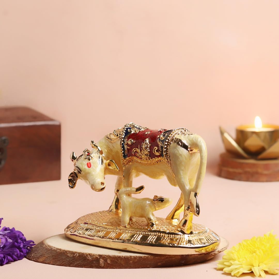 Kamdhenu Cow with Calf Idol Gold Plated| 4.5 Inch | Vastu Home Decor |