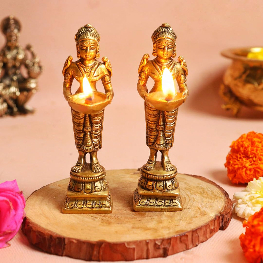 Brass Deepalakshmi Lady Diya | Laxmi Vilakku | 4 Inch | Welcome Stand | 2 Pcs |