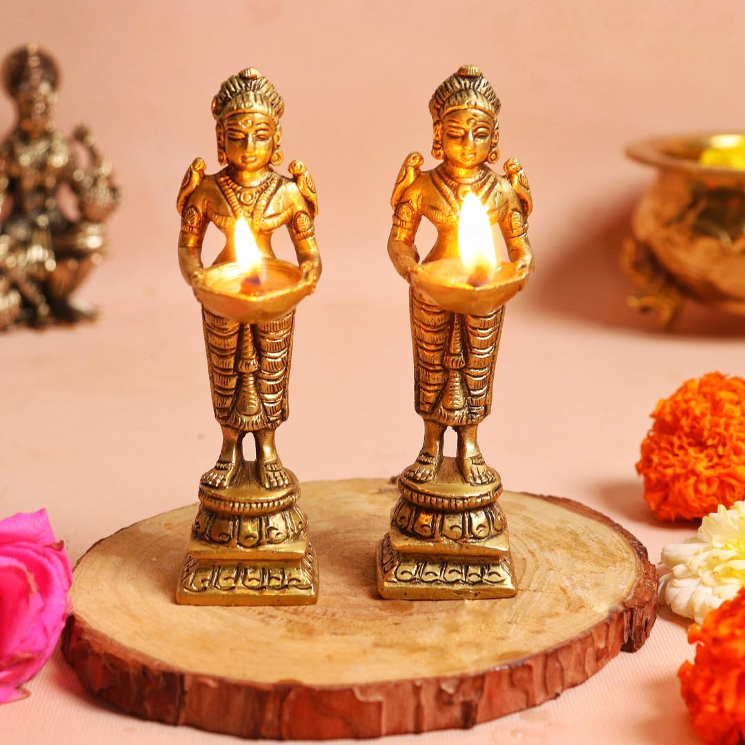 Brass Deepalakshmi Lady Diya | Laxmi Vilakku | 4 Inch | Welcome Stand | 2 Pcs |
