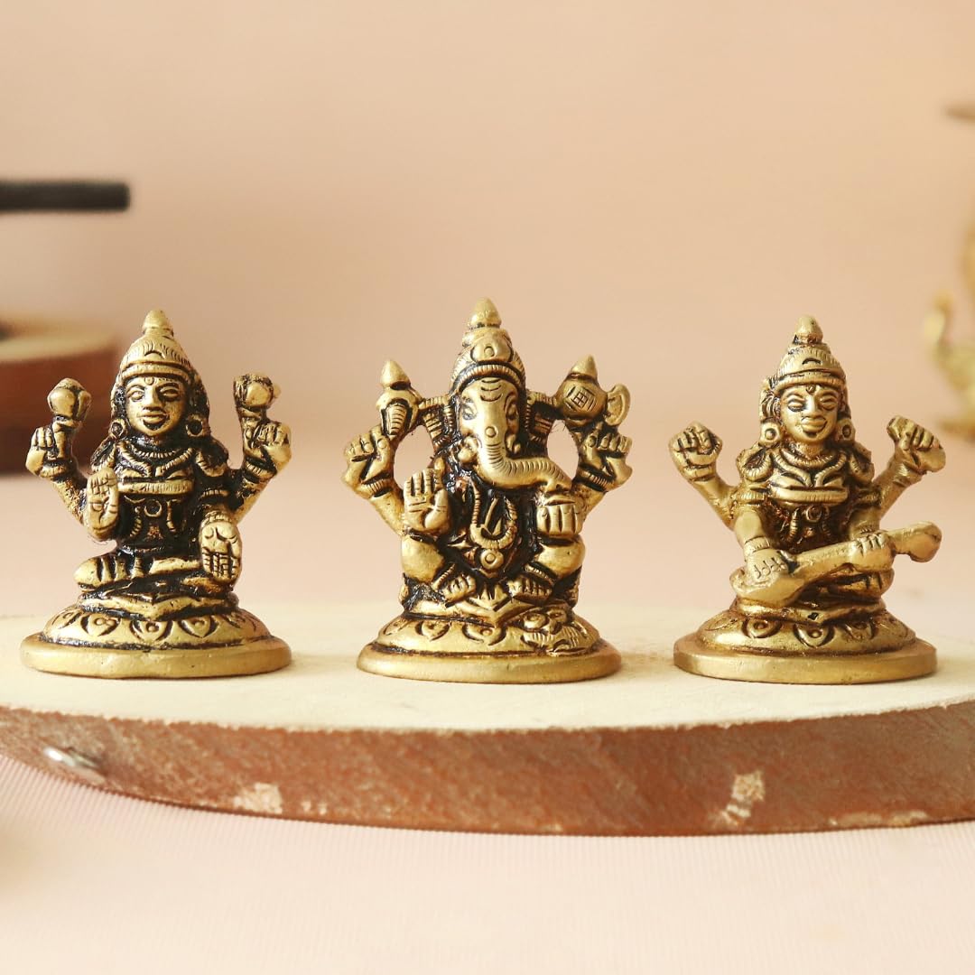 Brass Laxmi Ganesh Saraswati Murti | 2 Inch | Small Size Idol |  Pooja Room - Temple |