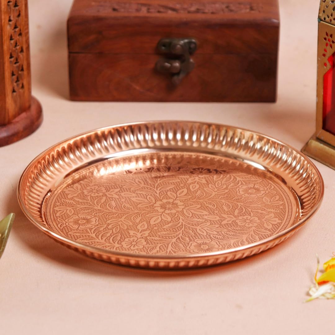 Pure Copper Pooja Plate | 7 Inch | Diwali Pooja Samagri |Thali for Puja | Mandhir Decoration Items |