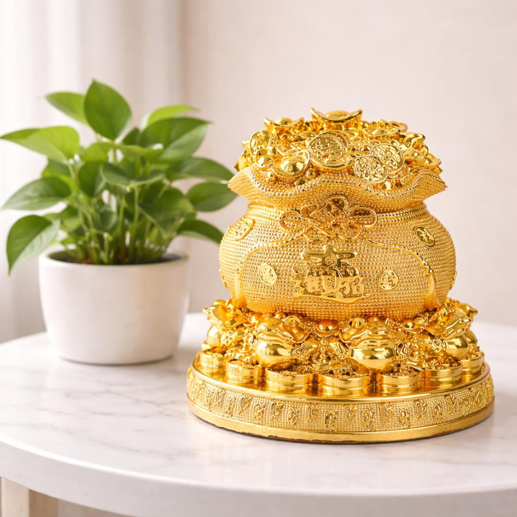 Feng Shui Wealth Bag with Gold Ingots & Coins | 5 Inch | Lucky Fortune Yuan Bao Statue|