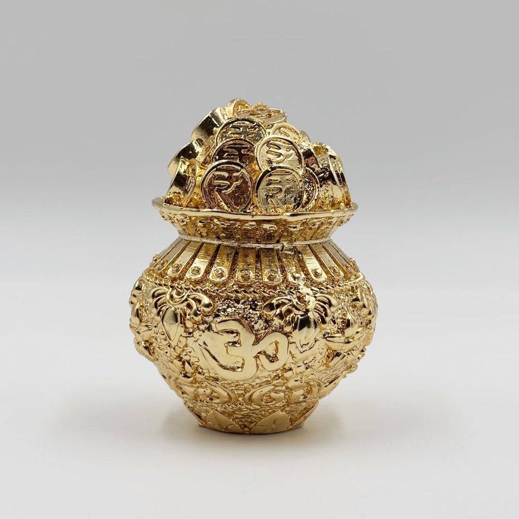 Gold Plated Coin Kalash | 2.5 Inch | Wealth Pot | Potli | Decorative | Vastu | Kuber | Laxmi |