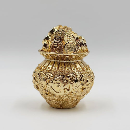 Gold Plated Coin Kalash | 2.5 Inch | Wealth Pot | Potli | Decorative | Vastu | Kuber | Laxmi |