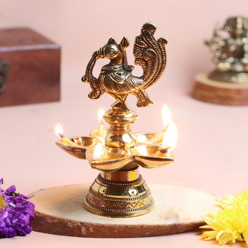 Brass Peacock Diya | 5 Inch | Panch Diya for Aarti | Panchaarti |  Mor Diva | Diya for Pooja | Diwali |