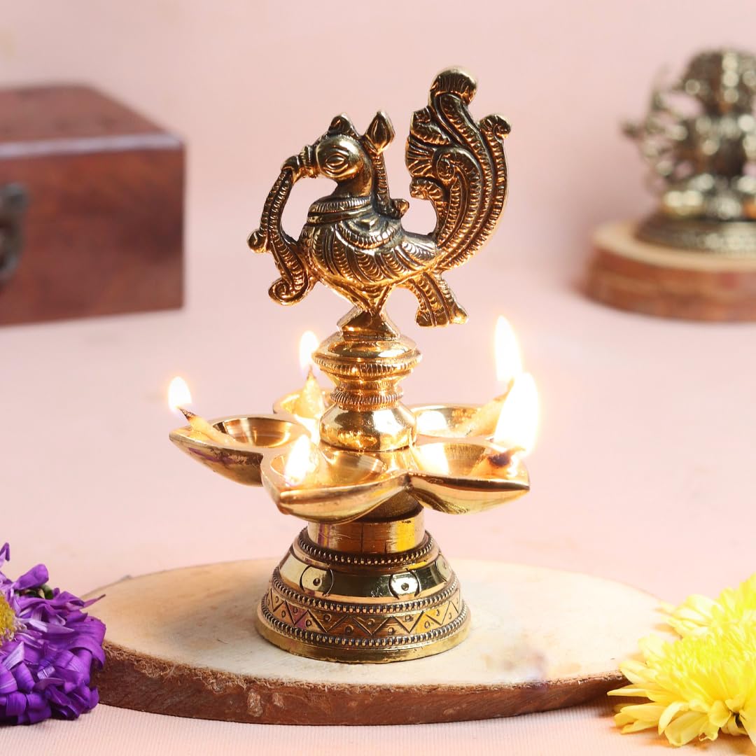Brass Peacock Diya | 5 Inch | Panch Diya for Aarti | Panchaarti |  Mor Diva | Diya for Pooja | Diwali |
