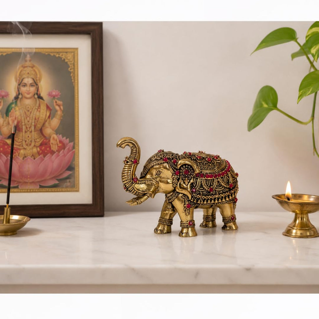 Brass Elephant Idol with Red Ruby Stones | 4 Inch | Good Luck |  Feng Shui | Temple Decoration | Diwali Gift | Housewarming |