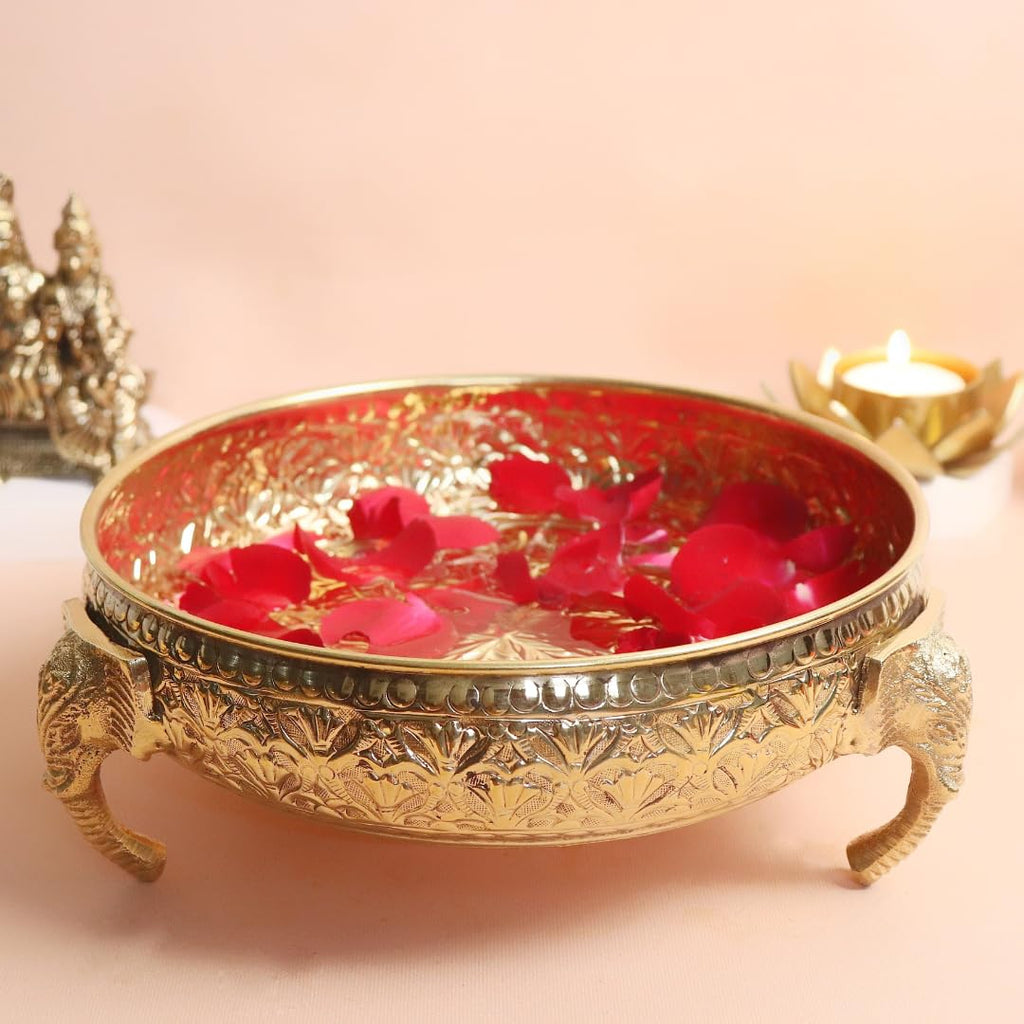 Brass Elephant Urli | 8 Inch | Urli Bowl | | Urali | Pital | Diwali | Urli Set for Decoration | with Stand |