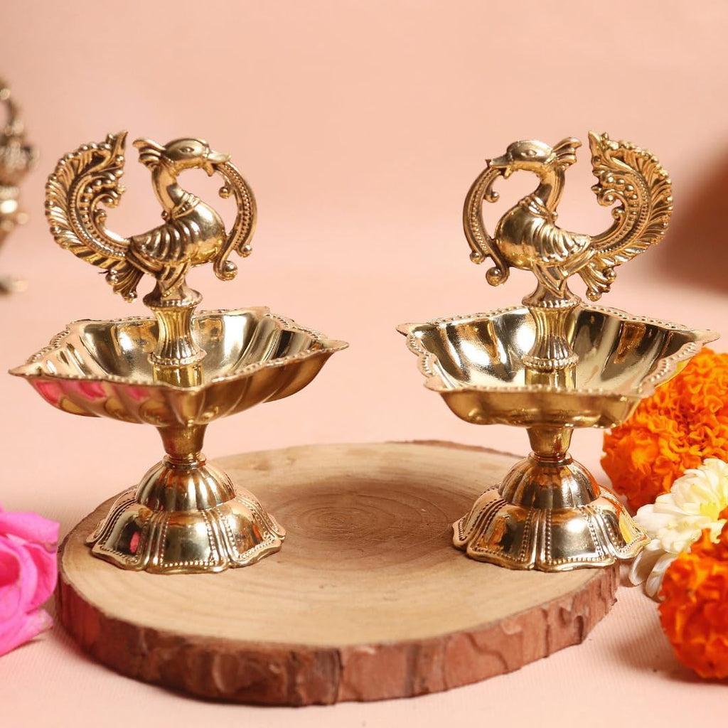 Peacock Diya | Pack of 2 | Design Brass Diya | Kuthu Vilakku | 3 Inch | for Diwali |