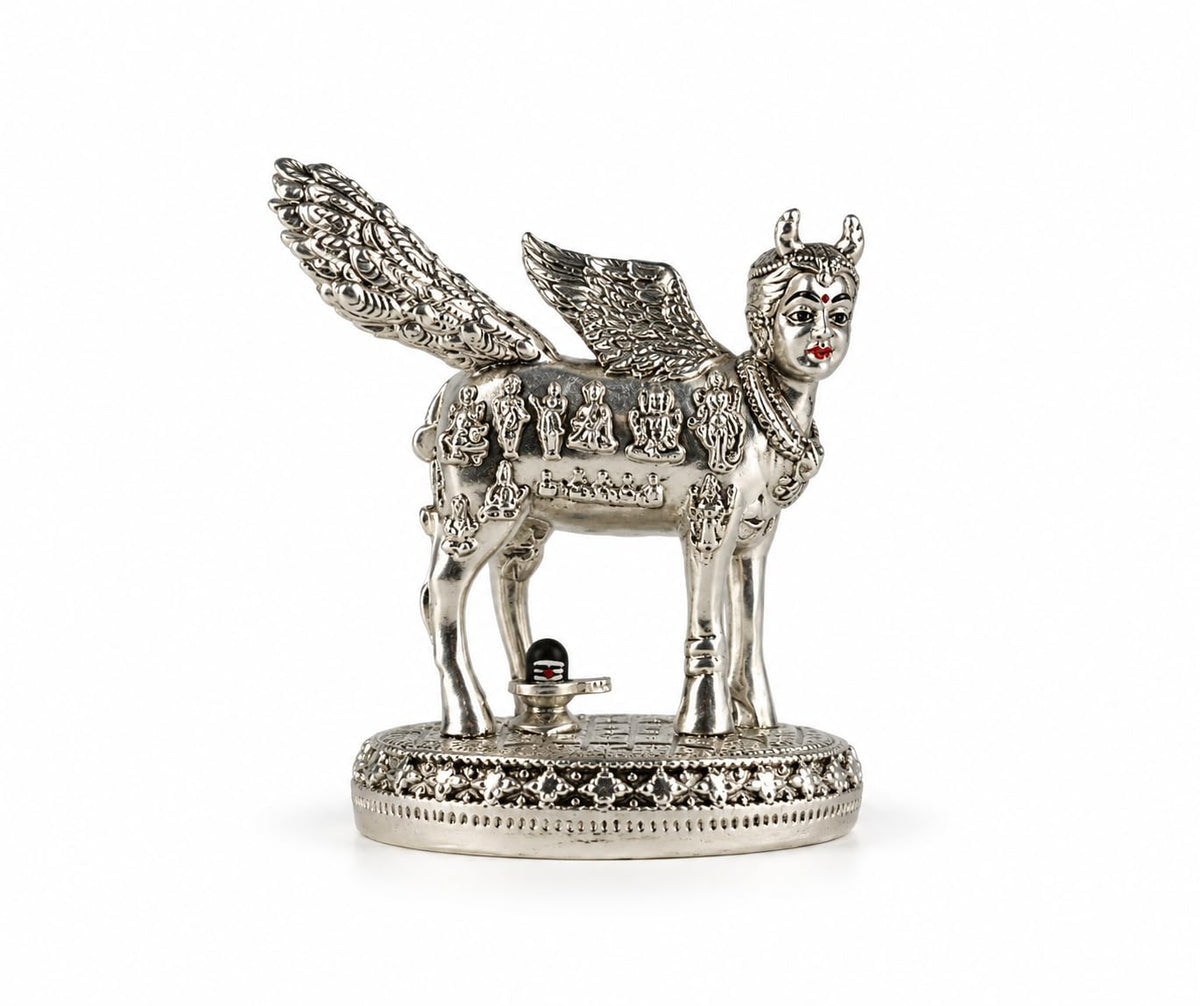Surabhi Mata Silver Plated Idol | 3 Inch | Kamdhenu Gau Mata Murti | Cow Statue for Home Temple | Pooja Room & Office Decor |
