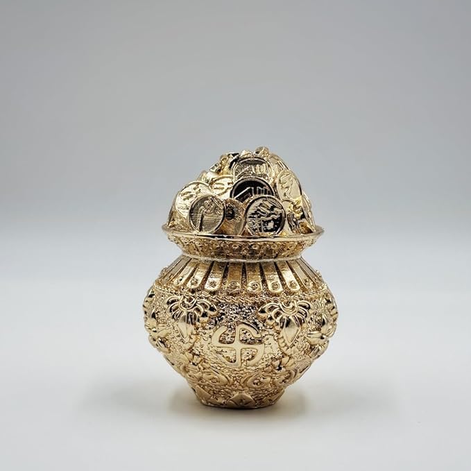 Gold Plated Coin Kalash | 2.5 Inch | Wealth Pot | Potli | Decorative | Vastu | Kuber | Laxmi |