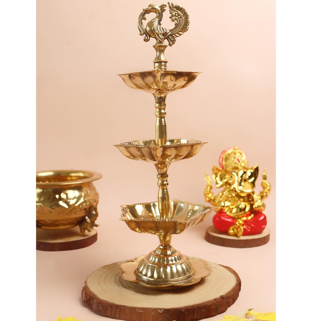 Three Tiered Brass Peacock Diya - 8.5 Inch - 3 Layer Diya Stand