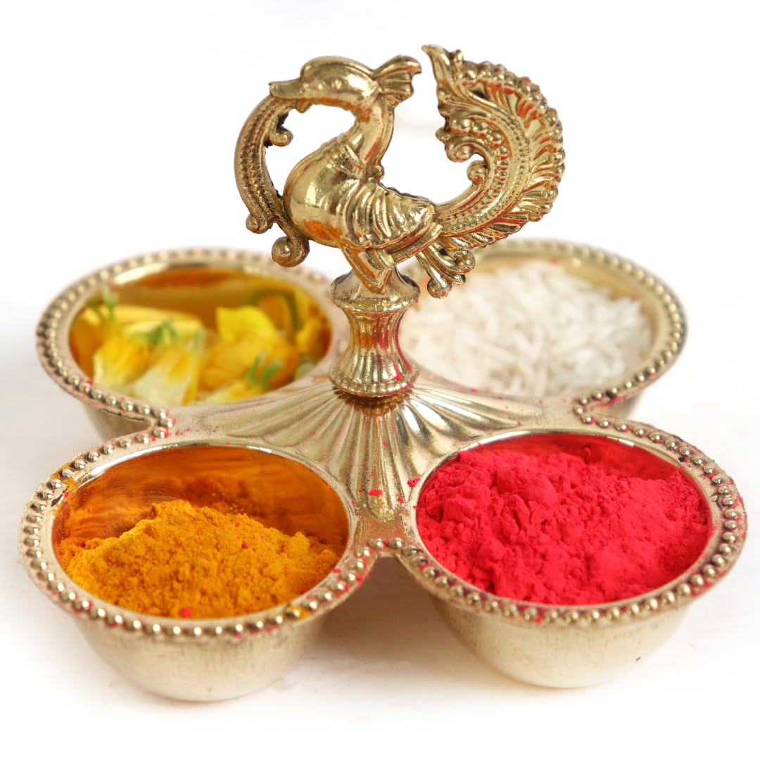 Kumkum Holder with Peacock Handle | 3.5 Inch | Decorative Dani 4 Bowl Stand | Pooja Thali for Roli Chawal Haldi |