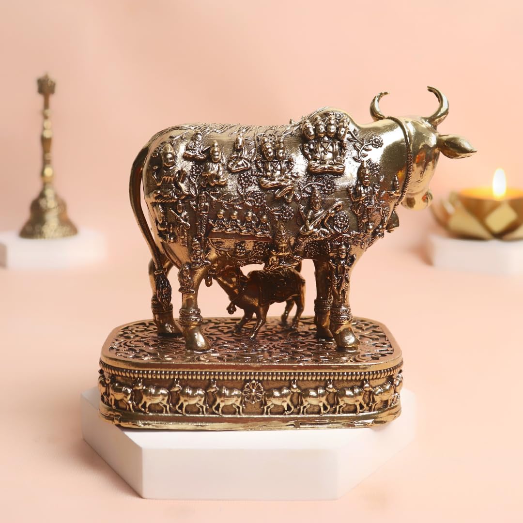 Nandi Idol Brass | 5 Inch | Pital Ka Gay Bachda | Big Size | Statue | Kamadhenu Cow with Engraved Gods and Goddesses | वास्तु उपाय |