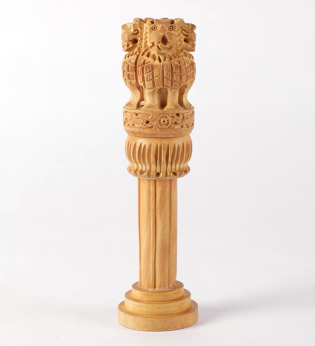 Wooden Hand Carved Ashoka Pillar | 6Inch | Table Top Decor Showpiece Statue with Lucky Coin |
