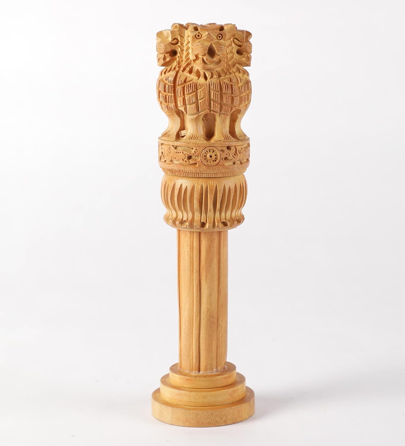 Wooden Hand Carved Ashoka Pillar | 6Inch | Table Top Decor Showpiece Statue with Lucky Coin |