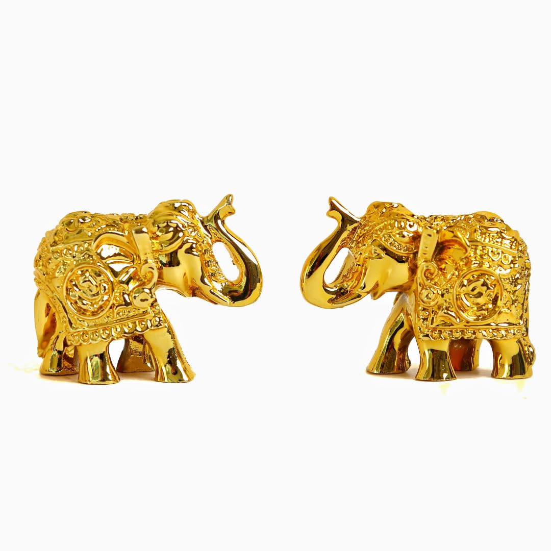 Small Elephant Statue for Good Luck | 2 Inch | Set of 2 | Elephant Idol Small Size | Gold Plated Pair |