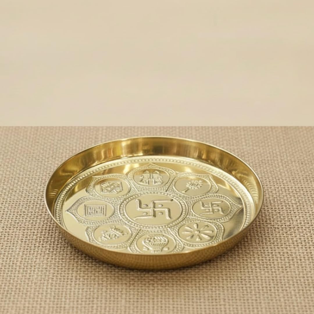 Brass Jain Astha mangal Pooja Plate | 5.5 Inch | Bhog Thali | Eight Auspicious Symbols |Pital |