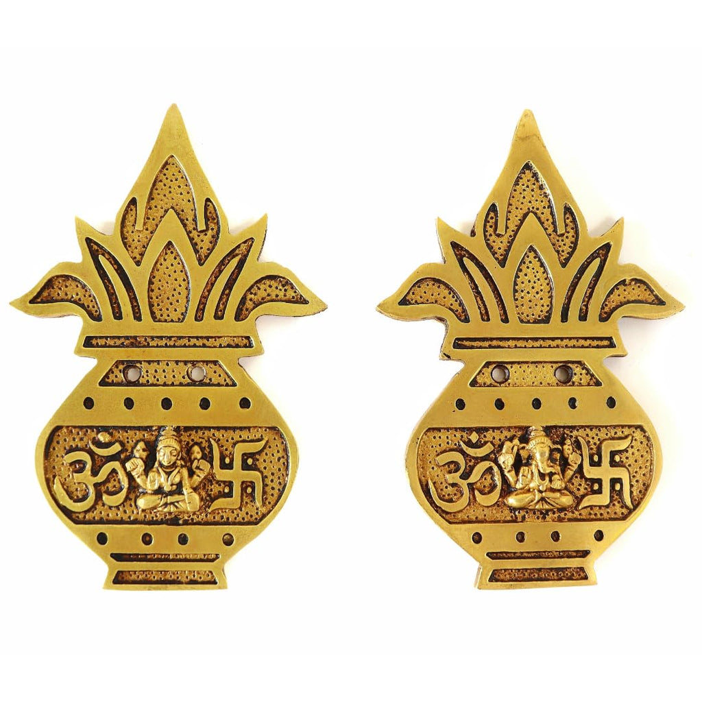 Brass Wall Hanging Decor | 5 Inch | Laxmi Ganesh Murti | Kalash | Om ॐ & Swastik 卐 |