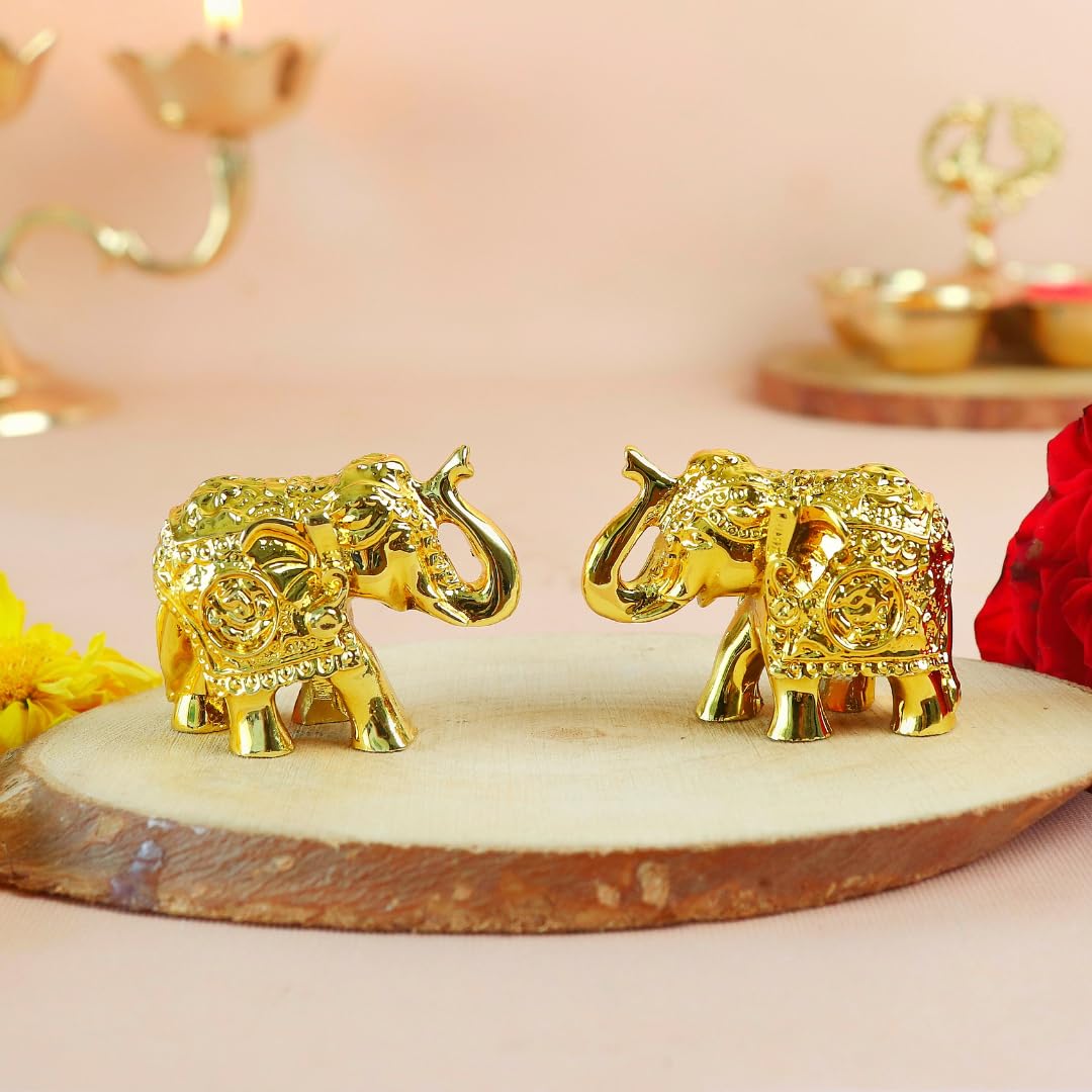 Small Elephant Statue for Good Luck | 2 Inch | Set of 2 | Elephant Idol Small Size | Gold Plated Pair |