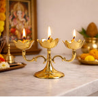 Triple Lotus Diya Stand | 8.5 Inch | Traditional Oil Lamp for Puja 3-Wick | Kuthu Vilakku Decoration