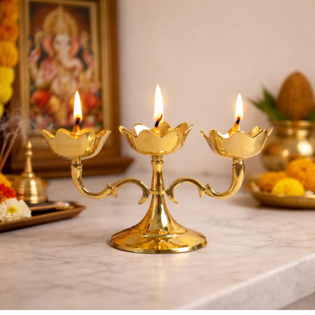 Triple Lotus Diya Stand | 8.5 Inch | Traditional Oil Lamp for Puja 3-Wick | Kuthu Vilakku Decoration