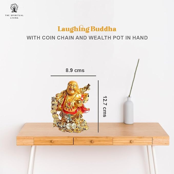 Laughing Buddha with Coin Chain and Wealth Pot in Hand - 5 Inch