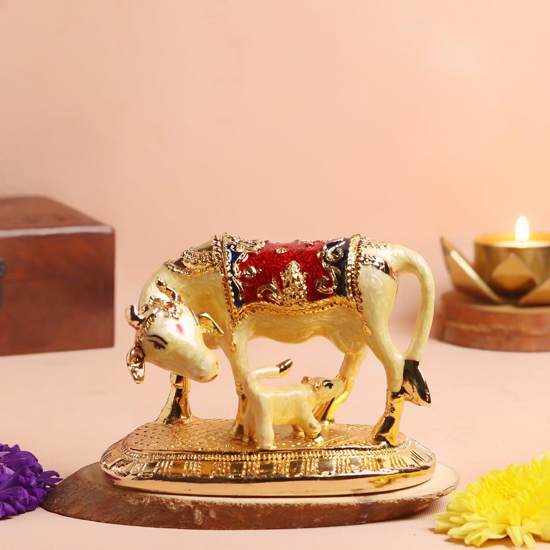 Kamdhenu Cow with Calf Idol Gold Plated| 4.5 Inch | Vastu Home Decor |