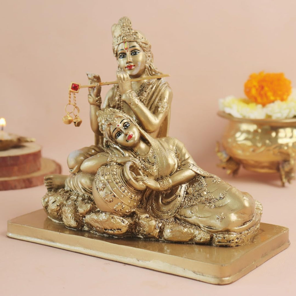 Radha Krishna Sitting Statue | 7 Inch | with Flute | Murti for Mandir - Temple - Home Decor |