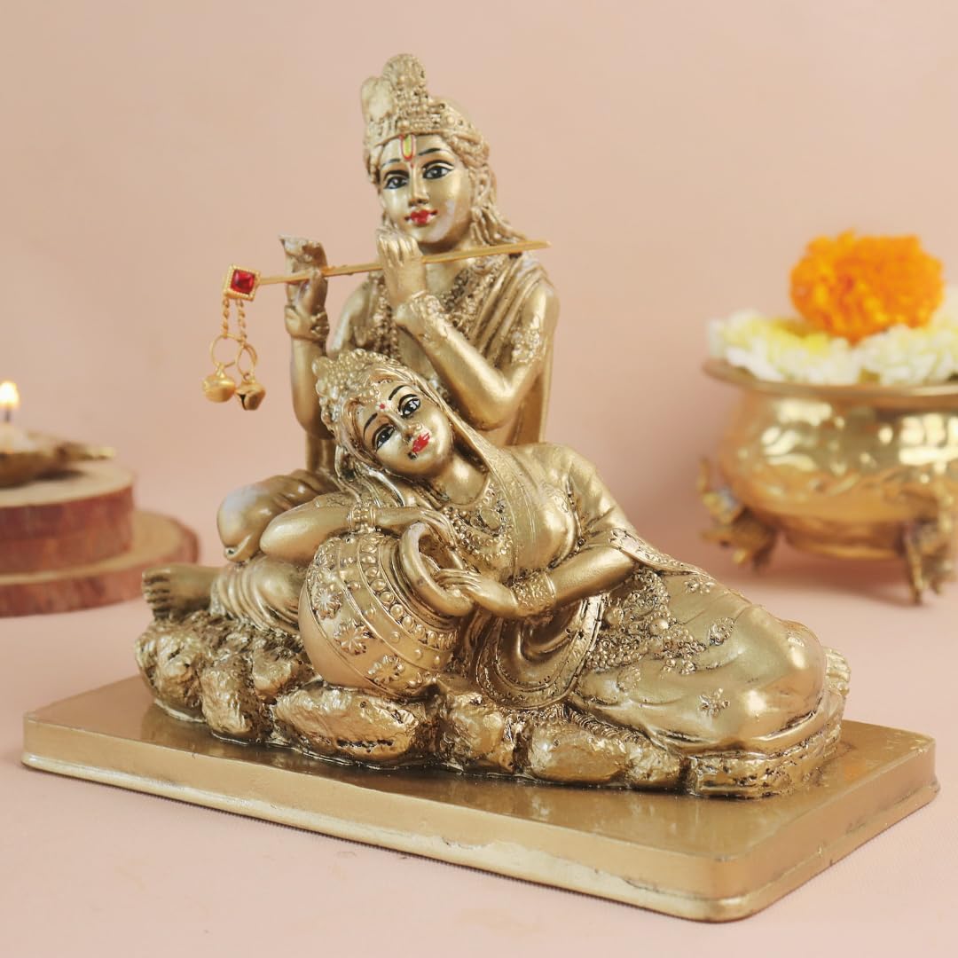 Radha Krishna Sitting Statue | 7 Inch | with Flute | Murti for Mandir - Temple - Home Decor |