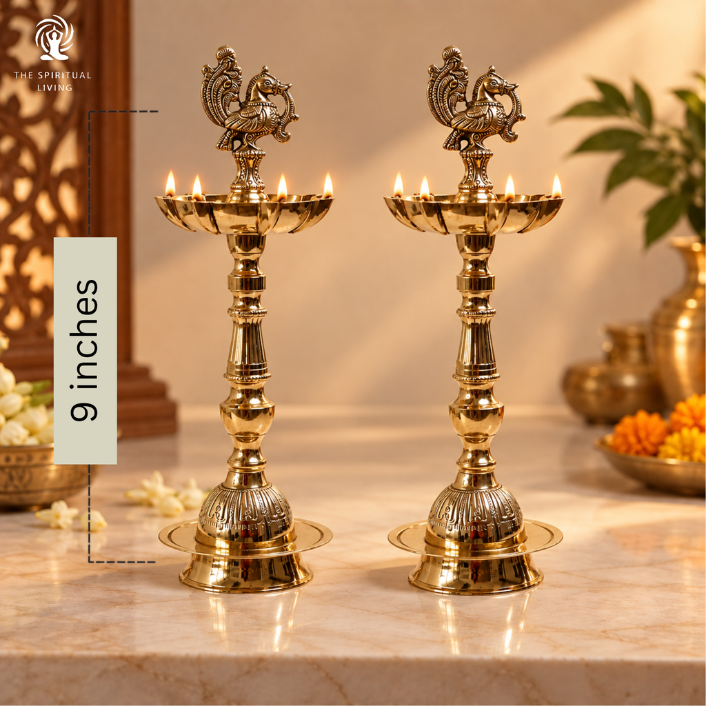 Brass Peacock Oil Wick Diya - 9 Inch - Pack of 2