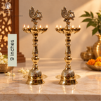 Brass Peacock Oil Wick Diya - 9 Inch - Pack of 2
