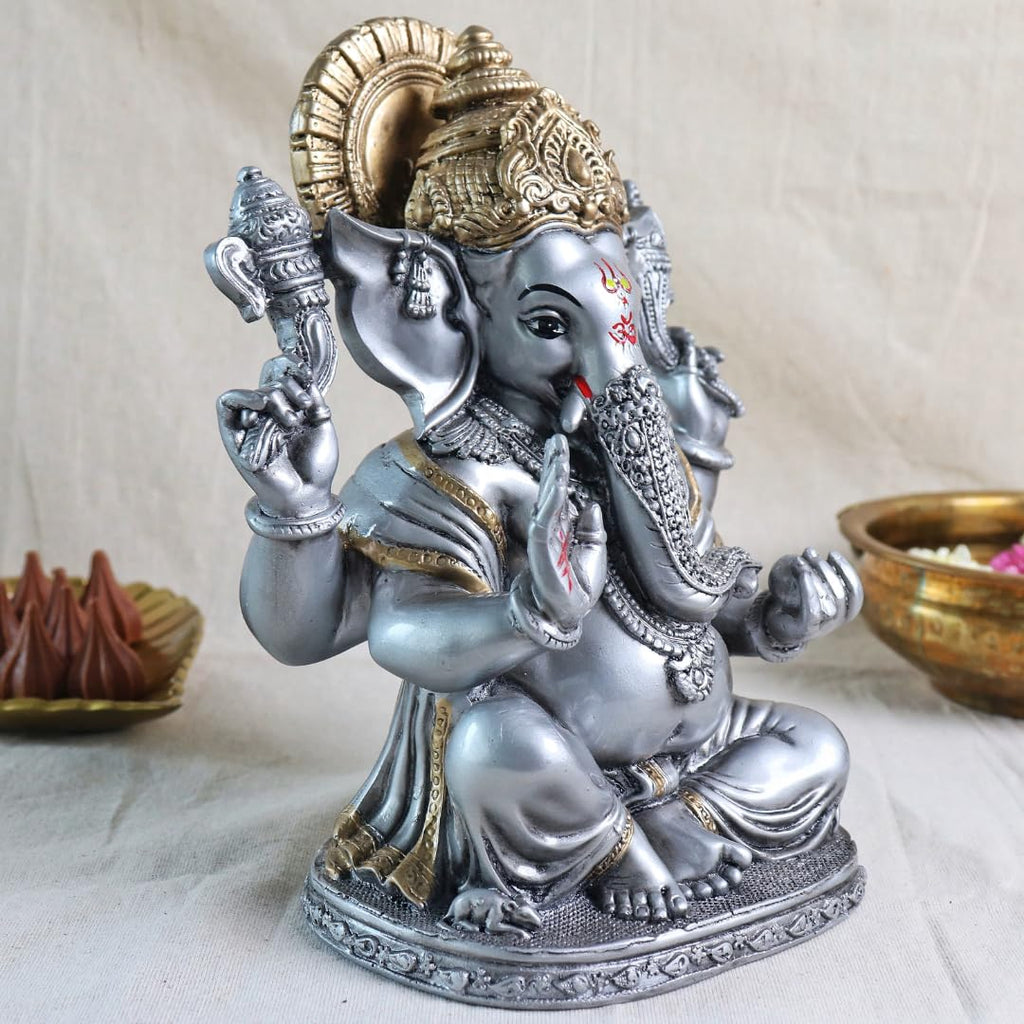 Ganesh Ji Decoration Items for Home | 8 Inch | Murti | Ganpati Idol  | Silver & Golden | Ideal for Gifting