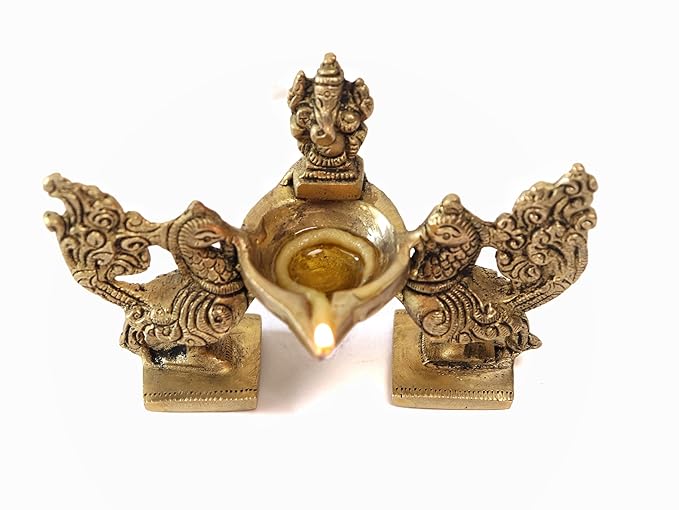 Brass Two Peacock and Ganpati in Middle Showpiece Diya