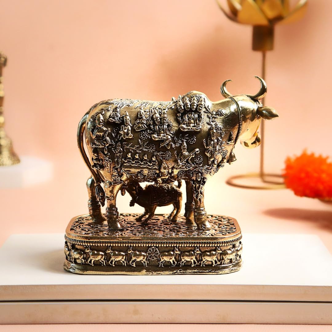 Nandi Idol Brass | 5 Inch | Pital Ka Gay Bachda | Big Size | Statue | Kamadhenu Cow with Engraved Gods and Goddesses | वास्तु उपाय |