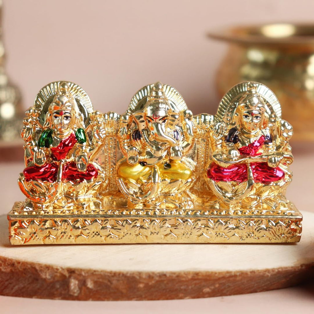 24K Gold Plated Laxmi Ganesh Saraswati Murti | 4 Inch | Diwali | Prosperity | Wealth | House Warming Gifts |