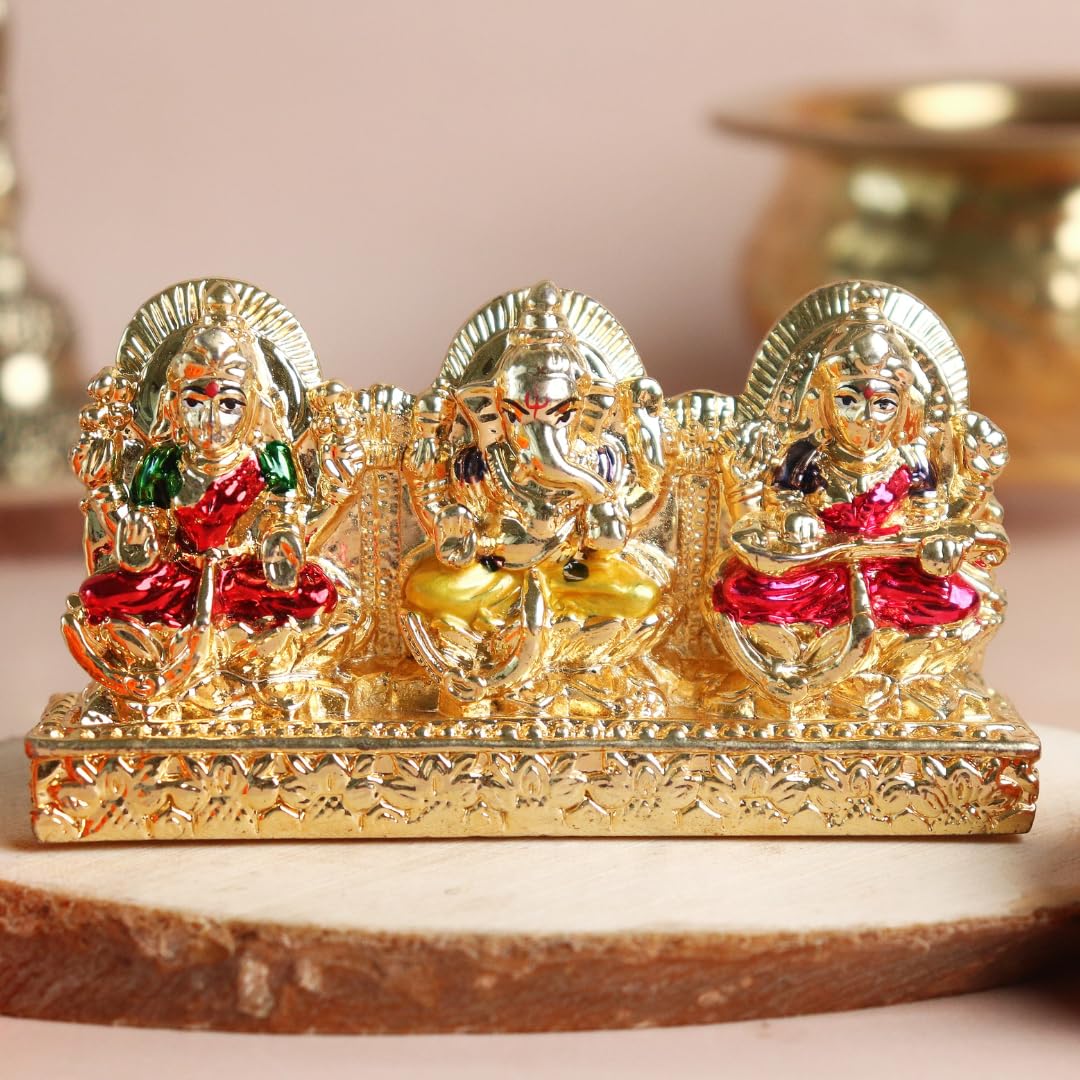 24K Gold Plated Laxmi Ganesh Saraswati Murti | 4 Inch | Diwali | Prosperity | Wealth | House Warming Gifts |