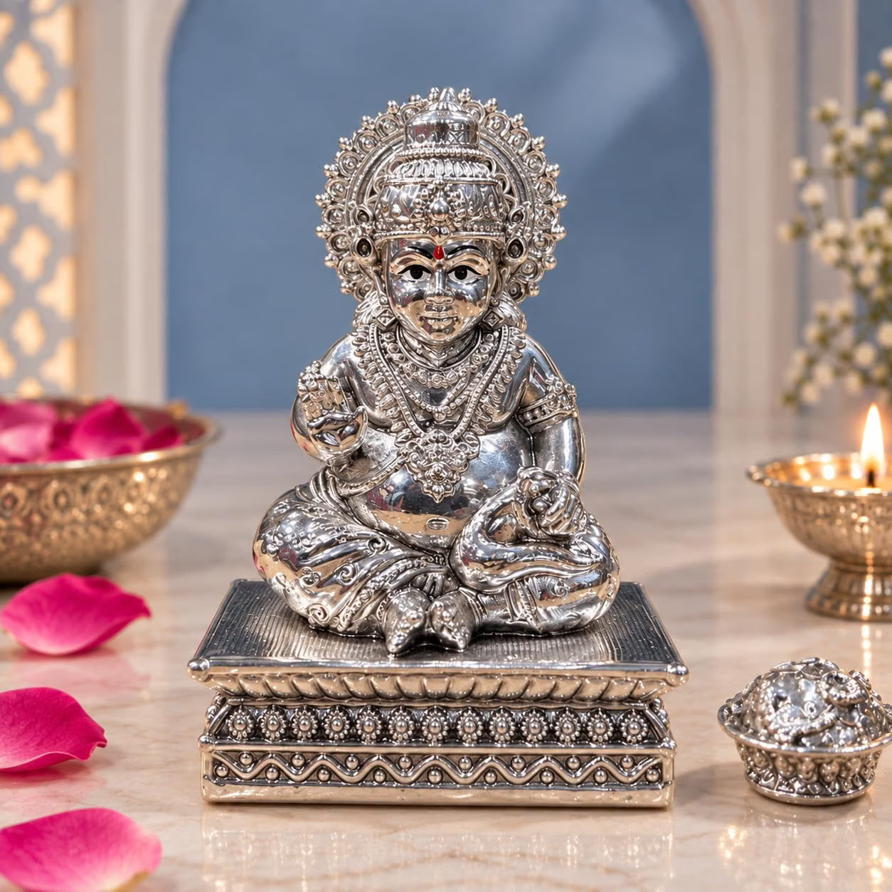 999 Pure Silver Plated Kubera Idol | 3.5 Inch |Wealth and Harmony | Pooja | Home Temple | Housewarming & Diwali Gift | Shop |