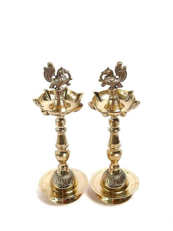 Brass Peacock Oil Wick Diya - 13 Inch - Pack of 2
