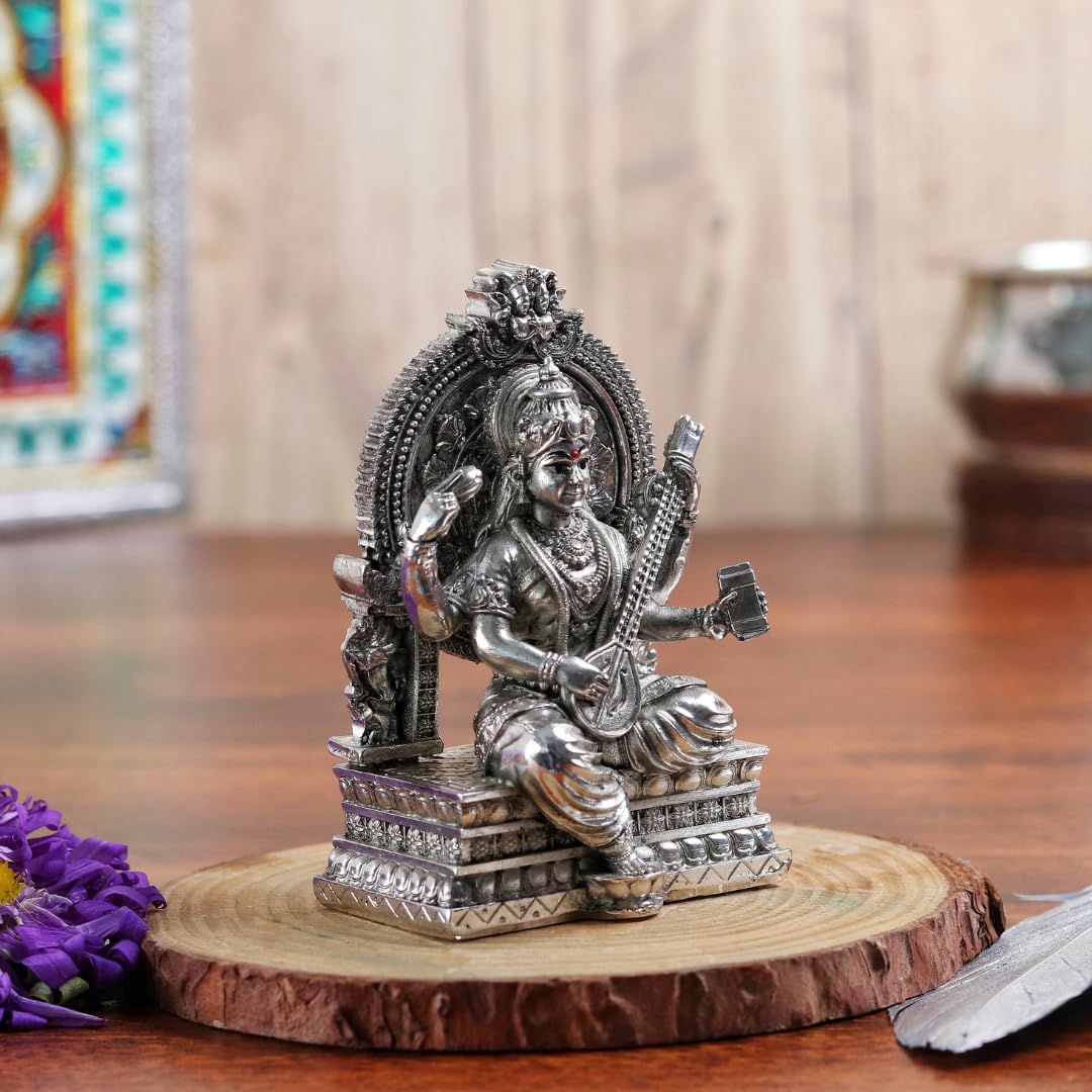 Saraswati Ji Silver Plated Idol | 4 Inch | Goddess Saraswati | Maa Murti | | Decoration | सरस्वती माँ |