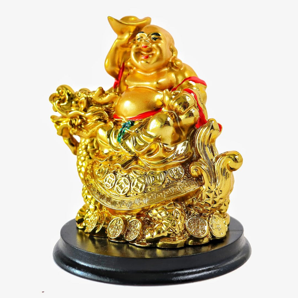 Golden Laughing Buddha Idol on Dragon | 4 Inch | Feng Shui Wealth & Prosperity |