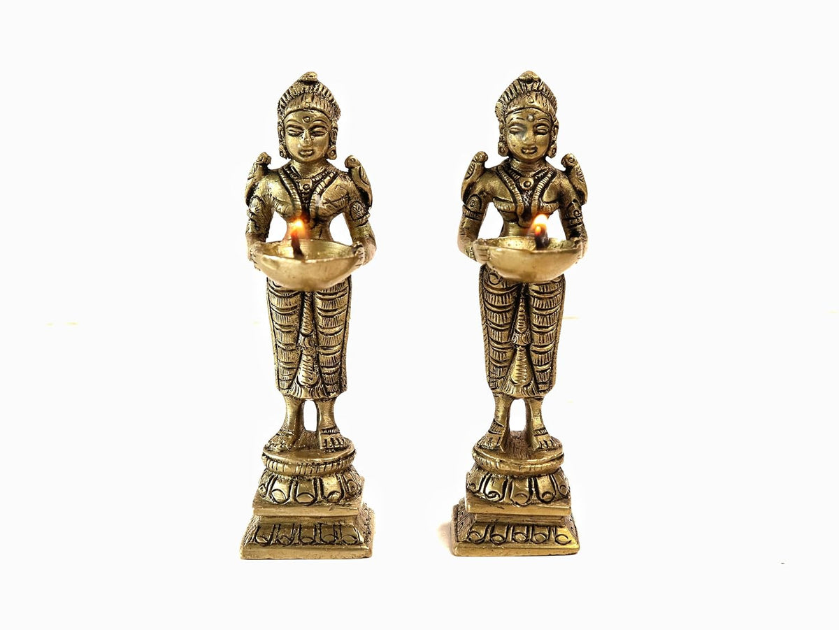 Brass Deepalakshmi Lady Diya | Laxmi Vilakku | 4 Inch | Welcome Stand | 2 Pcs |