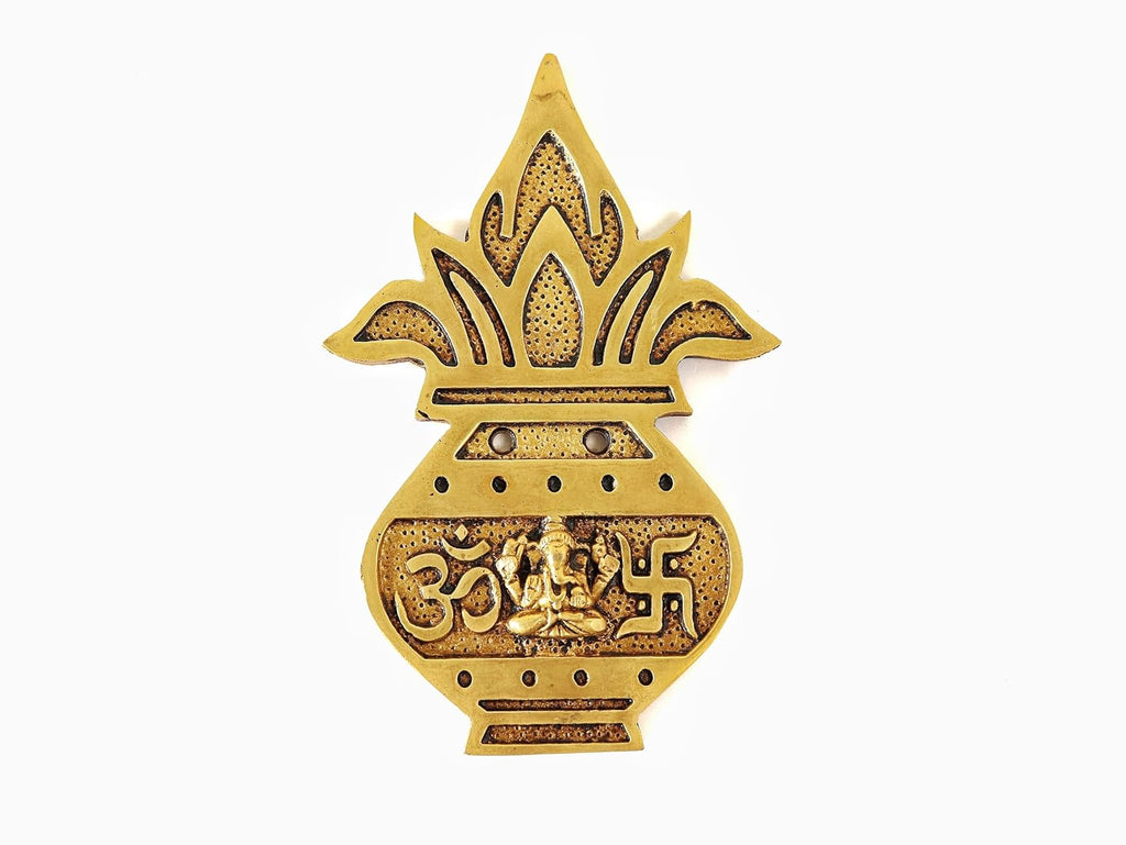 Brass Wall Hanging Decor | 5 Inch | Laxmi Ganesh Murti | Kalash | Om ॐ & Swastik 卐 |