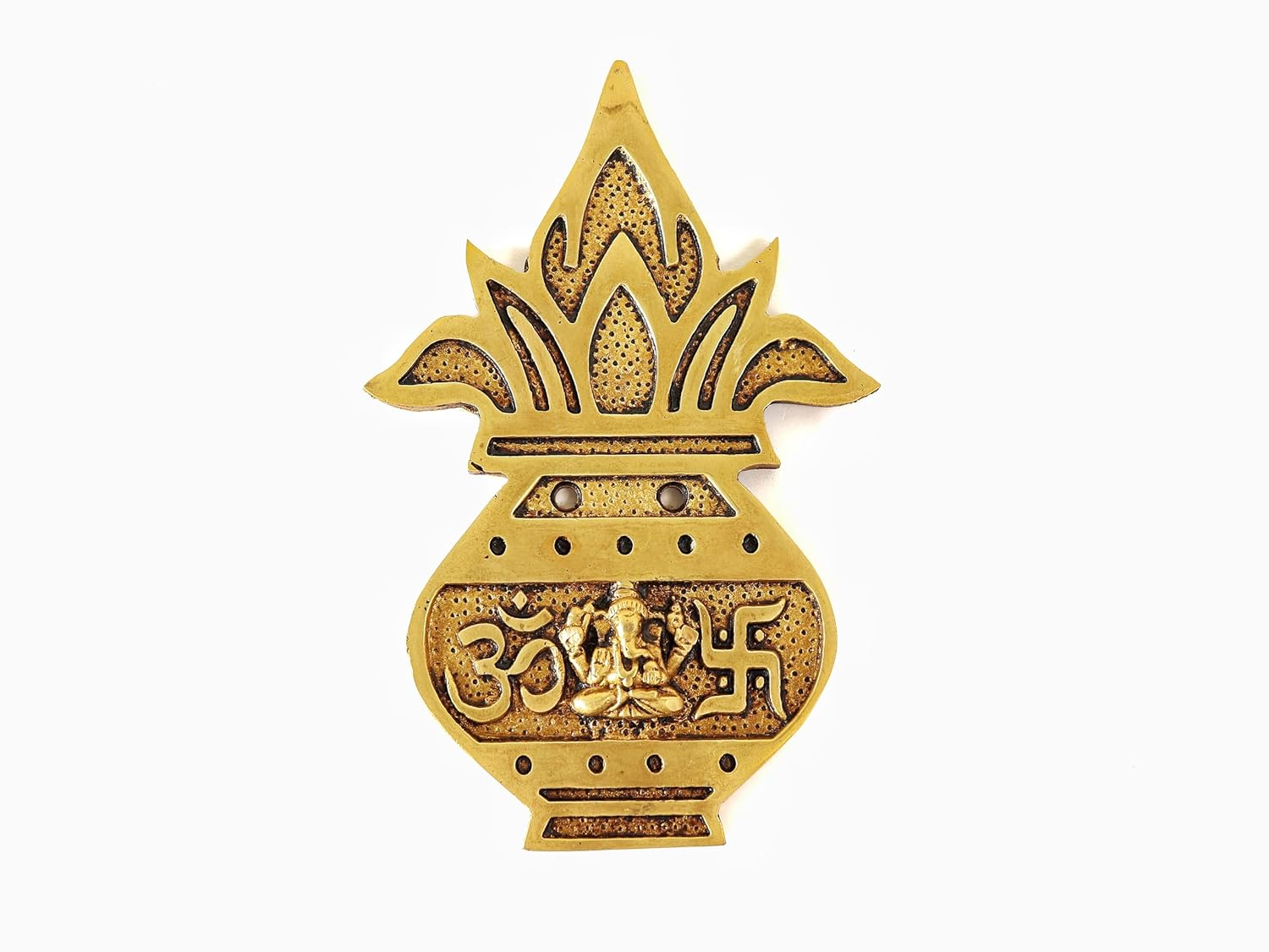 Brass Wall Hanging Decor | 5 Inch | Laxmi Ganesh Murti | Kalash | Om ॐ & Swastik 卐 |