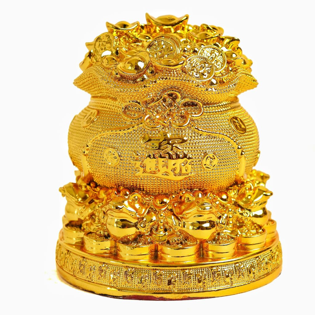 Feng Shui Wealth Bag with Gold Ingots & Coins | 5 Inch | Lucky Fortune Yuan Bao Statue|