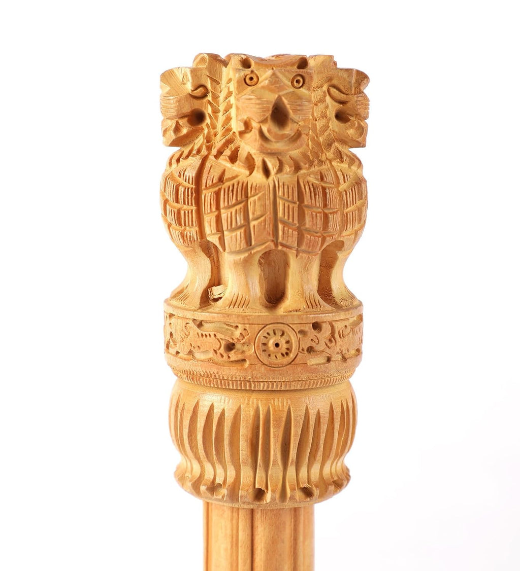 Wooden Hand Carved Ashoka Pillar | 6Inch | Table Top Decor Showpiece Statue with Lucky Coin |