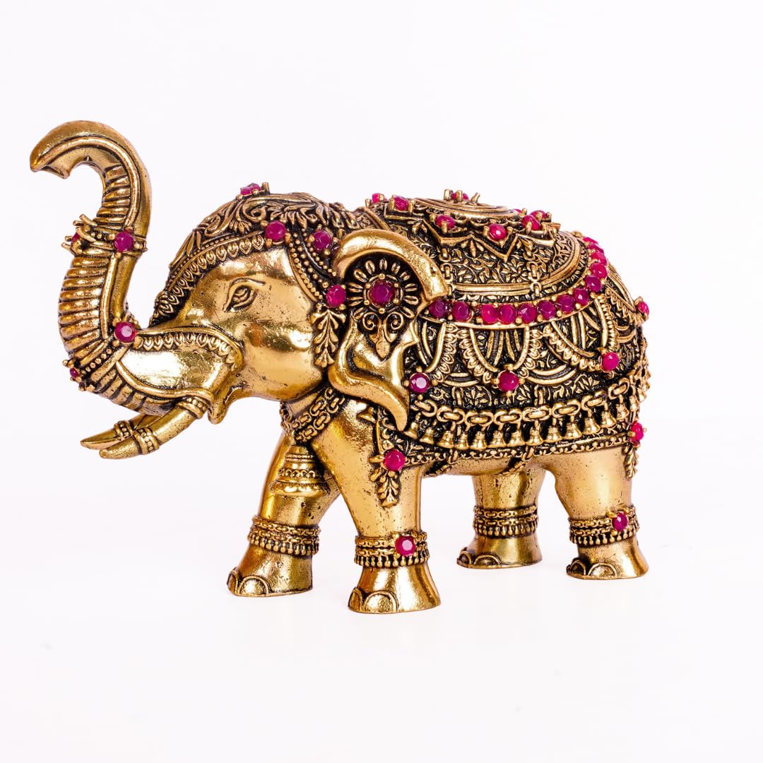 Brass Elephant Idol with Red Ruby Stones | 4 Inch | Good Luck |  Feng Shui | Temple Decoration | Diwali Gift | Housewarming |