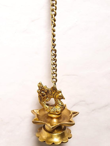 Peacock Five Oil Wick Brass Hanging Diya