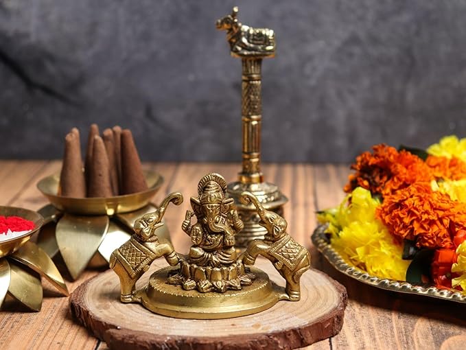 Lord Ganesh Ji Idol with Twin Elephants on Lotus (Brass) 3 inch